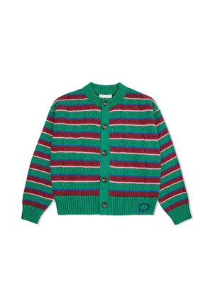 Cardigan en tricot vert avec des rayures horizontales rouges, roses et violettes, fermeture à boutons, et poignets et ourlet côtelés. Détail de logo brodé.