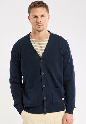 Homme portant un cardigan bleu marine boutonné par-dessus une chemise à rayures beige et blanche, debout devant un fond clair uni.