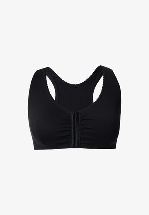 Sujetador deportivo negro con escote redondeado y tirantes anchos. Presenta cierre frontal con detalle de tela fruncida. Material suave y elástico.