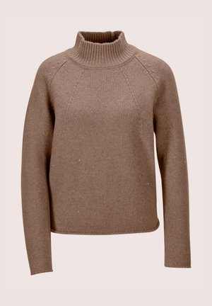 Brauner gestrickter Pullover mit hohem Kragen, Raglanärmeln und lässiger Passform. Glatte Textur mit dezenten gesprenkelten Details.
