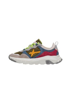 Multicolored sneaker featuring suede and mesh materials, with shades of blue, green, red, and gray. Thick white sole with textured detailing.