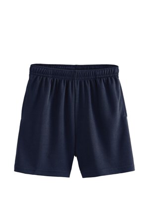 Tumesinised spordipüksid elastse vöökohaga, tekstuurse kangaga ja lõdva lõikega.