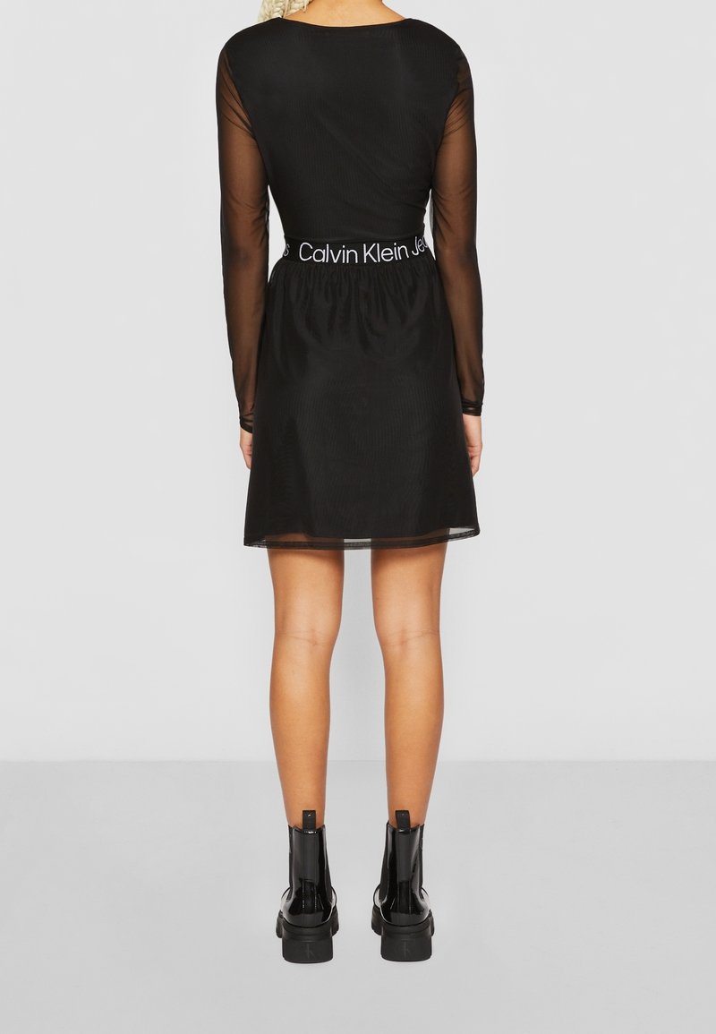 calvin klein black dress with sheer sleeves Sheer Long Sleeve A-Line Dress (Women)