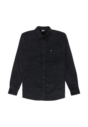 Camisa de pana negra con cuello, mangas largas, frente de botones y un único bolsillo en el pecho que presenta un pequeño logo en el bolsillo.