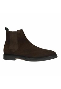 Bruine suède Chelsea-boot met elastische zijkanten, een groene trekriem en een zwarte rubberen zool. Gladde textuur met een gestroomlijnd ontwerp.