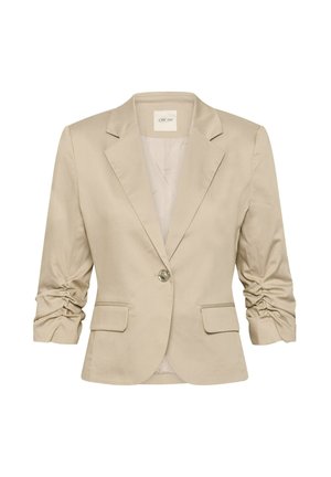 Blazer pour femmes couleur crème avec manches trois quarts froncées, un bouton à l'avant, col à revers et deux poches à rabat à l'avant.