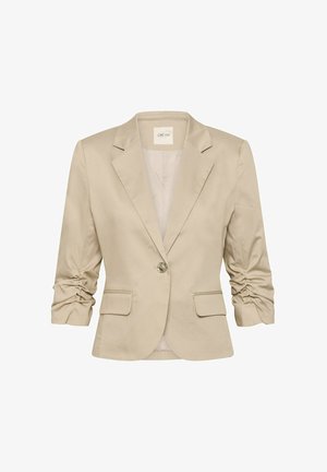 Cream-colored women's blazer with ruched three-quarter sleeves, one front button, lapel collar, and two front flap pockets.