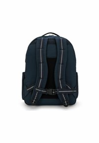 Zaino blu navy con spallacci imbottiti, dettagli grigi e tasche laterali. Materiale resistente, forma rettangolare, con maniglia superiore per il trasporto.