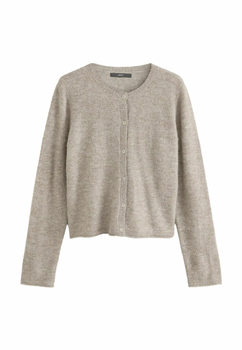 Lichtgrijze cardigan met een ronde hals, lange mouwen en sluiting met knopen aan de voorkant. Gemaakt van zachte, gestructureerde stof. Eenvoudig ontwerp zonder patronen.