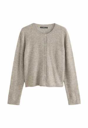 Helles grauer Cardigan mit rundem Hals, langen Ärmeln und vorderer Knopfverschluss. Hergestellt aus weichem, strukturiertem Material. Einfaches Design ohne Muster.