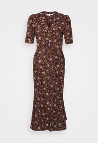 Robe bordeaux mi-longue à petit imprimé floral, manches courtes bouffantes, col en V et détails de boutons sur le devant.