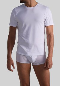 Maglietta bianca in cotone con maniche corte e scollo rotondo, abbinata a slip bianchi trasparenti, indossata da una persona in posizione laterale.