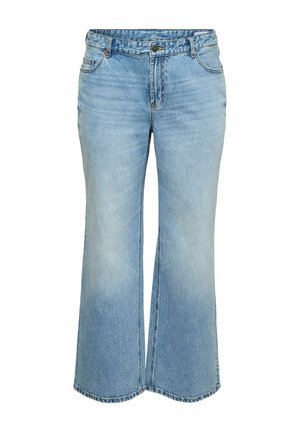 Jean en denim bleu clair avec une taille haute et des jambes larges légèrement évasées, dotés de poches avant et d'une fermeture par bouton.