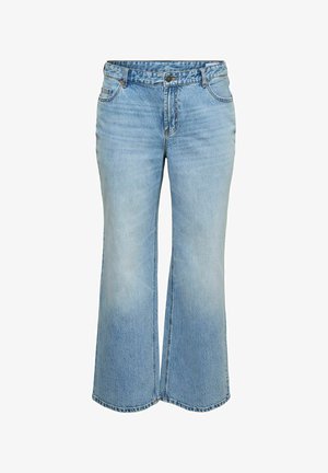 Világoskék farmernadrág magas derékkal és széles, enyhén bővített szárakkal, elől zsebekkel és gombos záródással.