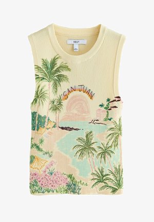 Maiou crem fără mâneci, cu dungi, cu imprimeu tropical de plajă ce prezintă palmieri, ocean, soare roz și textul „San Juan” pe față.