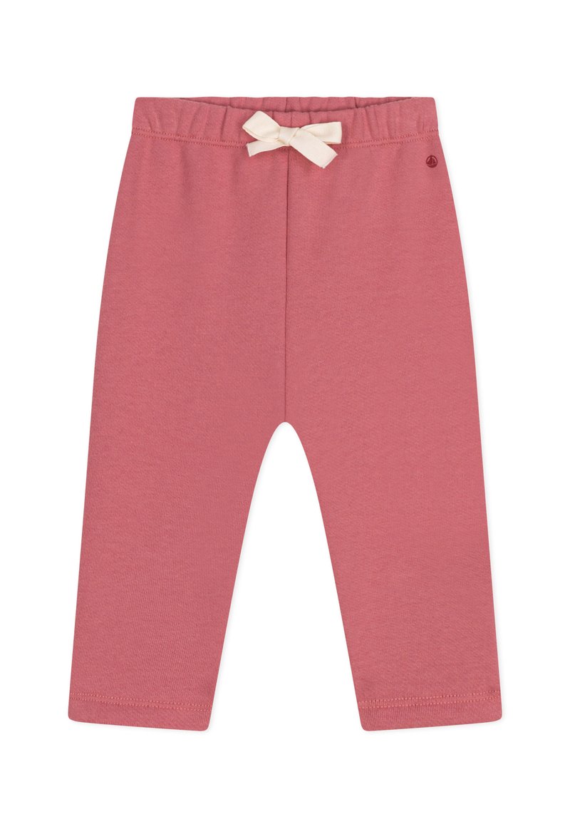 Leggings in cotone rosa con una texture morbida, dotati di un fiocco decorativo color crema nella vita e una cintura elastica per il massimo comfort.