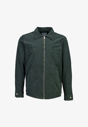 Donkergroene jas van katoen met een ritssluiting aan de voorkant, een puntige kraag en twee opgestikte zakken. Beschikt over knoopmanchetten en een rechte pasvorm.