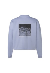 Hellblaue, kurz geschnittene Sweatshirt mit langen Ärmeln, versehen mit einem schwarz-weißen Berggrafik und dem Wort "TOGETHER" darunter.