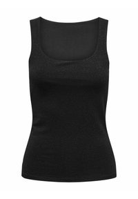 Top in cotone senza maniche di colore nero con scollatura quadrata, realizzato in un tessuto liscio con una leggera texture brillante. Design aderente.