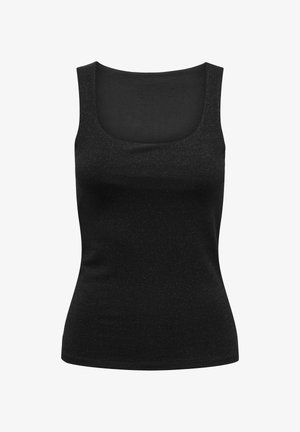 Zwarte mouwloze tanktop met een vierkante halslijn, gemaakt van een soepele stof met een subtiele glinsterende textuur. Strak figuur.