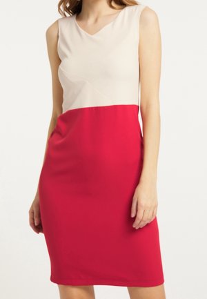 Ärmelloses Kleid mit einem hellbeigen Oberteil und einem roten Unterteil, das einen V-Ausschnitt und ein glattes, enganliegendes Design aufweist. Hergestellt aus weichem Stoff.