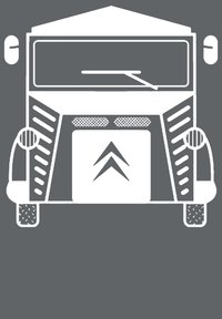 Ilustrace bílé vintage dodávky na šedém pozadí s trapezoidním předním štítem, kulatými světlomety a výrazným vzorem mřížky.