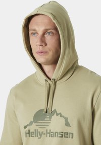 Sudadera verde oliva con cordones, con un logo de montaña y sol. Hecha de una tela suave, tiene un corte relajado y un bolsillo tipo canguro.