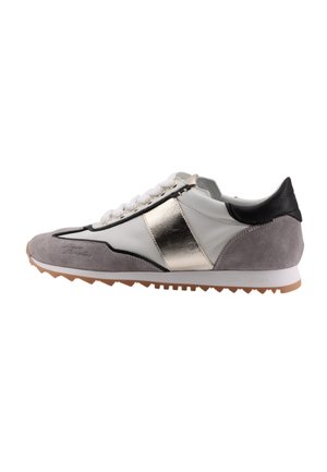 Low-profile sneaker with white, gray suede, metallic gold side stripe, black heel tab, white laces, and gum sole, viewed from the side.