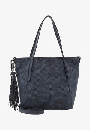 Sac fourre-tout bleu foncé en simili cuir perforé, avec deux poignées, un pendentif amovible, et un fond plat. Les accents comprennent un fermoir en argent.