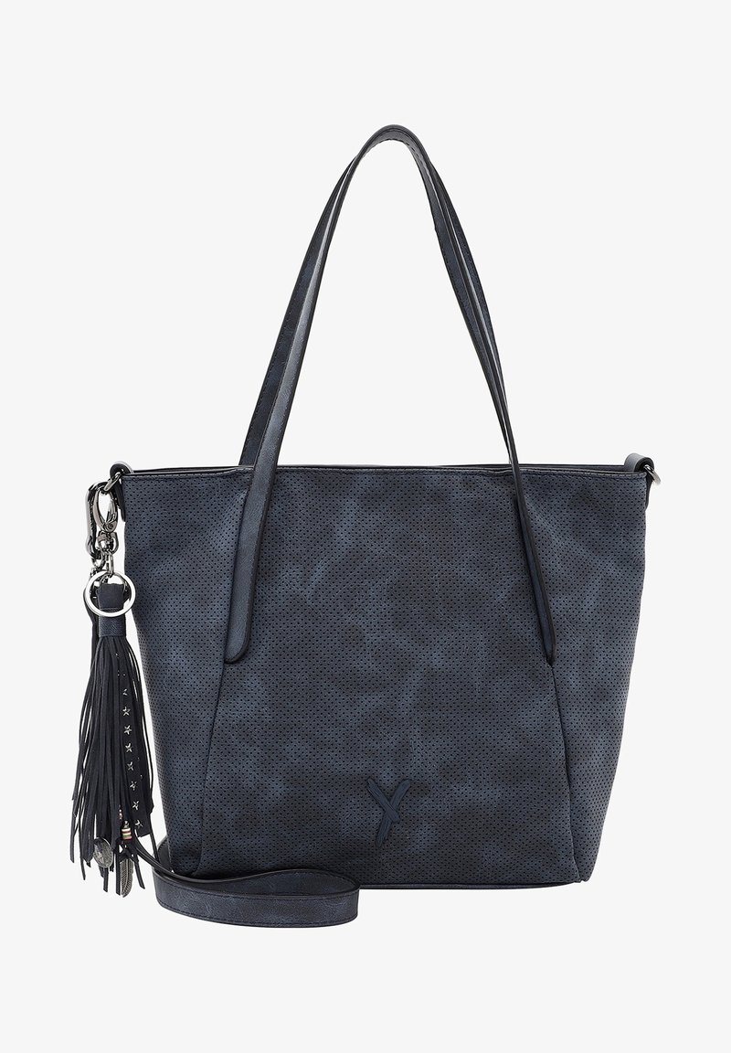 Sac fourre-tout bleu foncé en simili cuir perforé, avec deux poignées, un pendentif amovible, et un fond plat. Les accents comprennent un fermoir en argent.