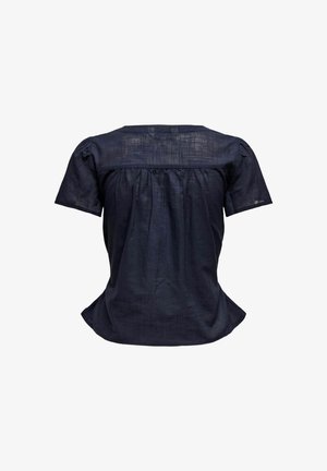 Blusa de lino azul marino oscuro con mangas cortas, detalle de pliegues en la parte trasera y cuello redondeado. Textura suave y corte relajado con dobladillo curvado.