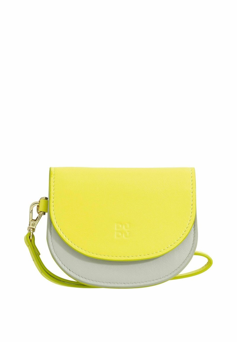 Yellow and grey leather wallet with a rounded flap, a clasp, and a detachable strap. Smooth texture with stitching details.