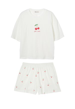 White short-sleeve top and shorts set with red cherry patterns; top features two cherries and red text "plein Soleil" on chest.