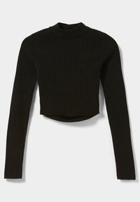 Svart ribbat stickat långärmat croppad tröja med hög rund halsringning som ligger platt på en vit bakgrund.