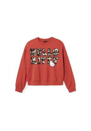 Rote cropped Sweatshirt mit "HELLO KITTY" in schwarzen und Leopardenmuster-Buchstaben, versehen mit einem weißen Katzenkopf und rotem Schleifendetail. Weicher Stoff.
