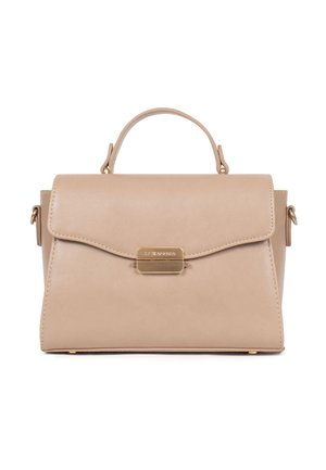 Beige leren handtas met een gestructureerde vorm, bovenhandvat en een klep aan de voorkant. Kenmerkt zich door gouden hardware en een sluiting met een haakje.