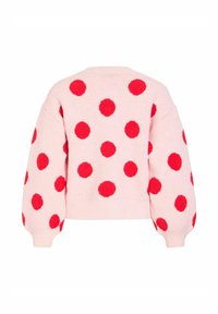 Roosa kampsun tekstuursete punaste täppidega, ümara kaelusega ja läbilöödud varrukatega. Omab soonikkoesääri ja -varrukaid, lühendatud lõiget. Pehme kudumtekstiil.