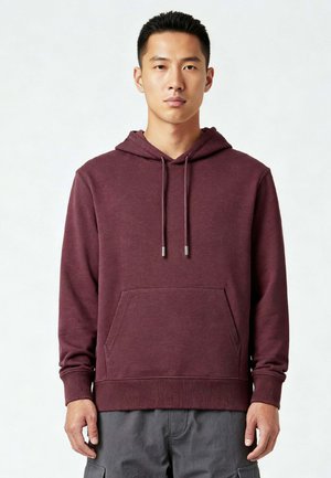Jeune homme debout face à l'avant portant un sweat à capuche uni couleur bordeaux avec des cordons et un pantalon cargo gris, sur un fond blanc.
