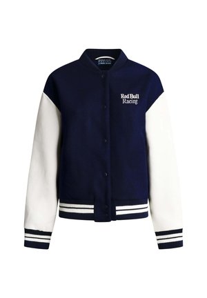 Chaqueta universitaria azul marino y blanca con el logo de "Red Bull Racing" en el pecho y puños y dobladillo acanalados a rayas.