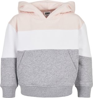 Sweat-shirt à capuche présentant un design coloré en rose clair, blanc et gris. Fabriqué en mélange de coton doux, avec une poche frontale et des poignets côtelés.