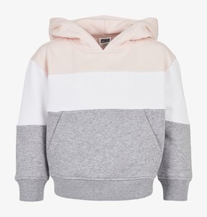 Bluza z kapturem w kolorze różowym, białym i szarym. Wykonana z miękkiej mieszanki bawełny, z kieszenią z przodu i ściągaczami przy rękawach.