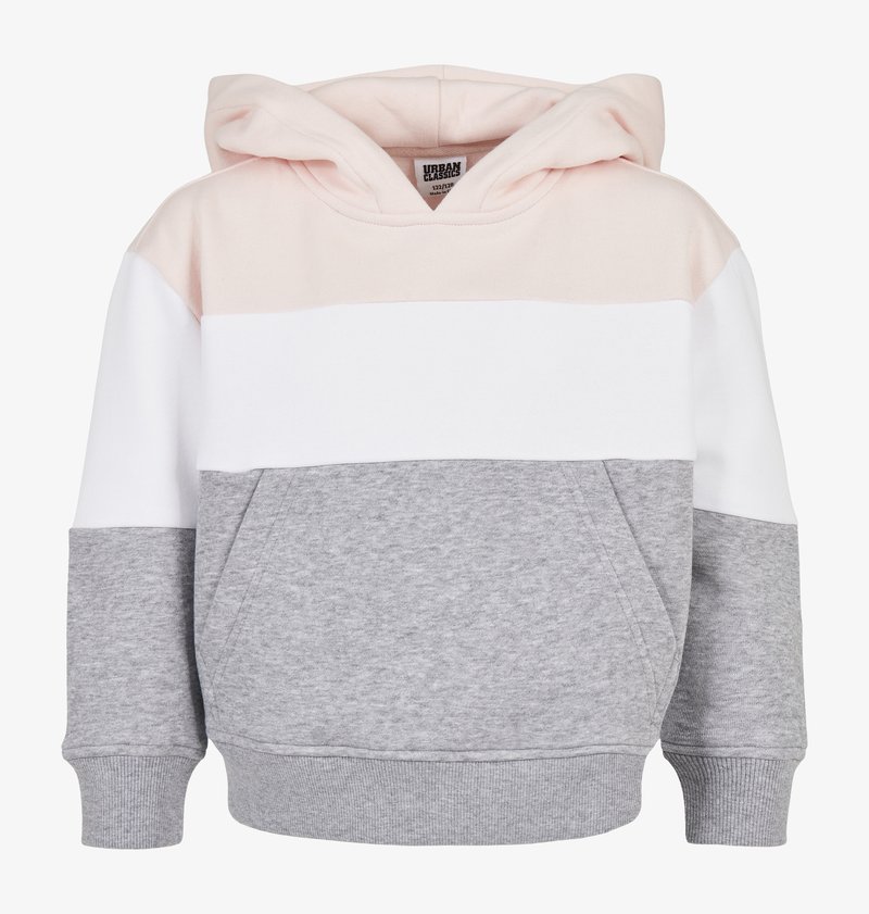 Mikina s kapucňou s farebným blokovaním v svetloružovej, bielej a šedej farbe. Vyrobená z jemnej bavlnenej zmesi, s prednou kapsou a rebrovanými manžetami.