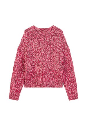 Czerwony i biały sweter dzianinowy z okrągłym dekoltem, luźnym krojem i długimi rękawami. Materiał jest miękki z grubym splotem.