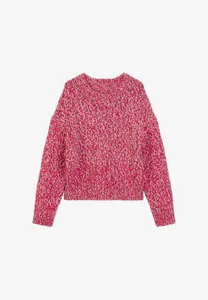 Czerwony i biały sweter dzianinowy z okrągłym dekoltem, luźnym krojem i długimi rękawami. Materiał jest miękki z grubym splotem.