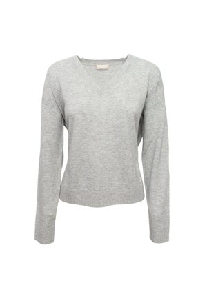 Maglione grigio chiaro a maniche lunghe con scollatura a V e polsini a coste, esposto su uno sfondo bianco.