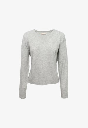 Maglione grigio chiaro a maniche lunghe con scollatura a V e polsini a coste, esposto su uno sfondo bianco.