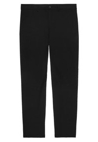 Zwarte broek met een rechte snit, gemaakt van een gladde stof. Voorzien van een knoopsluiting, ceintuurlussen en zijzakken.