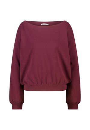 Bordeauxrode trui met lange mouwen, brede halslijn en elastische boorden aan de mouwen en zoom, met het label "America Today" aan de binnenkant van de kraag.