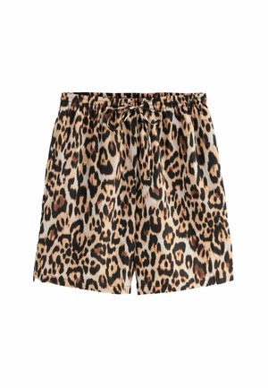 Kratke hlače s tiskom leopard, sa elastičnim pojasom, vezicom i laganom tkaninom. Boje uključuju bež, crnu i smeđu.