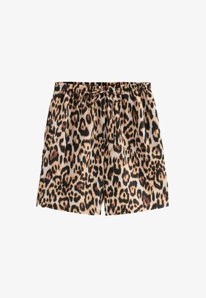 Pantalones cortos de estampado de leopardo con cintura elástica, cordón de ajuste y tejido ligero. Los colores incluyen beige, negro y marrón.